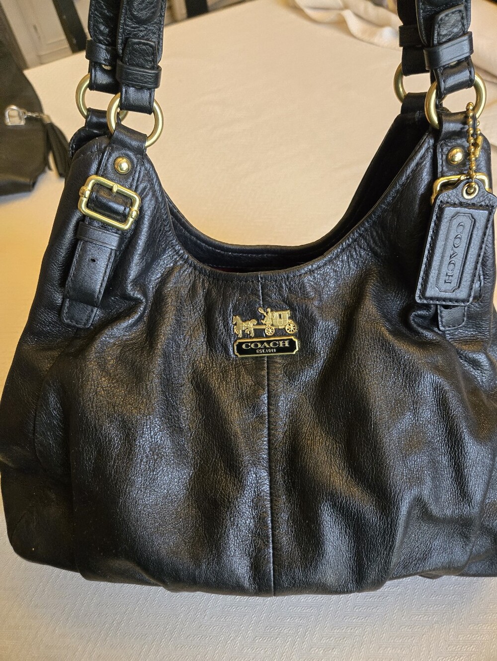 Coach Black Leather Hobo Shoulder Bag with Gold Hardware